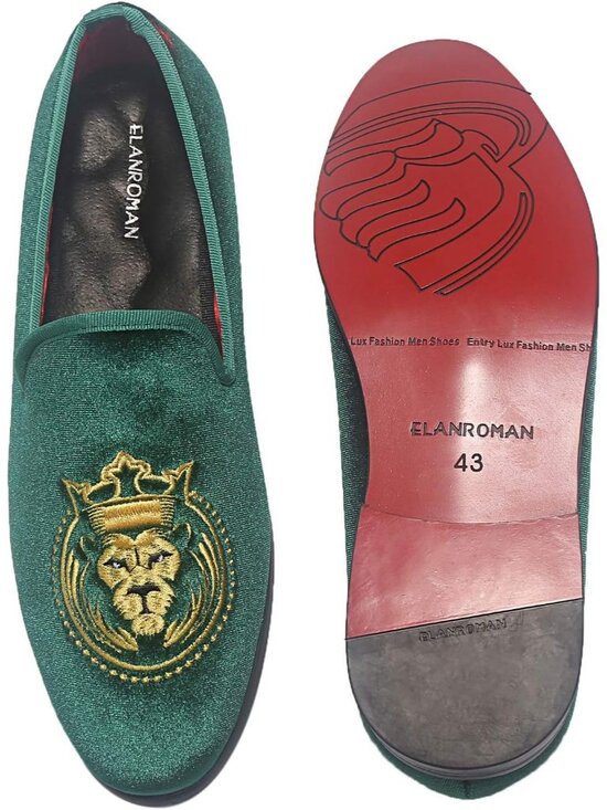 ELANROMAN Men\'s Olive Velvet Loafers Embroidered Lion Crown Formal Party Shoes main image 6
